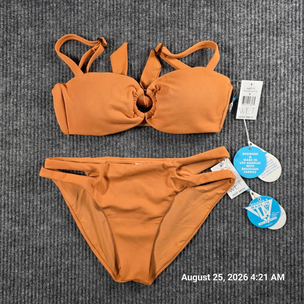 WET Swimwear Terracotta Orange Textured Bikini Set Small K4377T K4377B NWT